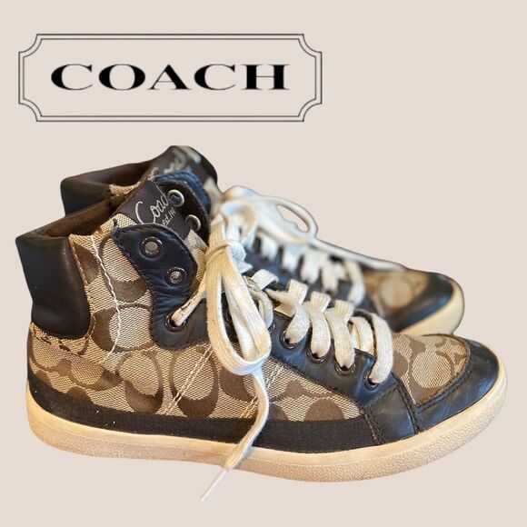 Coach "Ellis" Brown Hi Top "C" Sneakers 6 - Picture 1 of 5